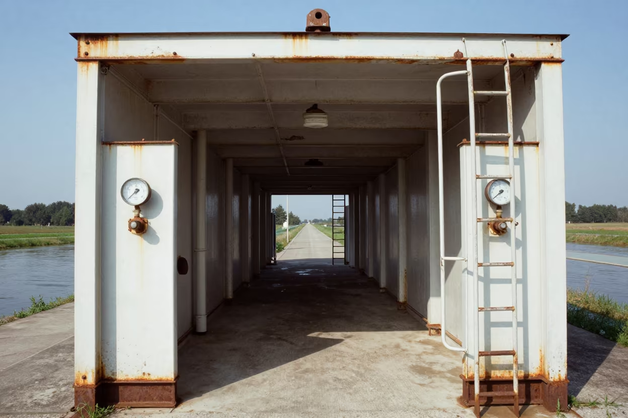 Belgian Levee Pumping Station Gauges Ladders in along a levee path above floodwater in Belgium