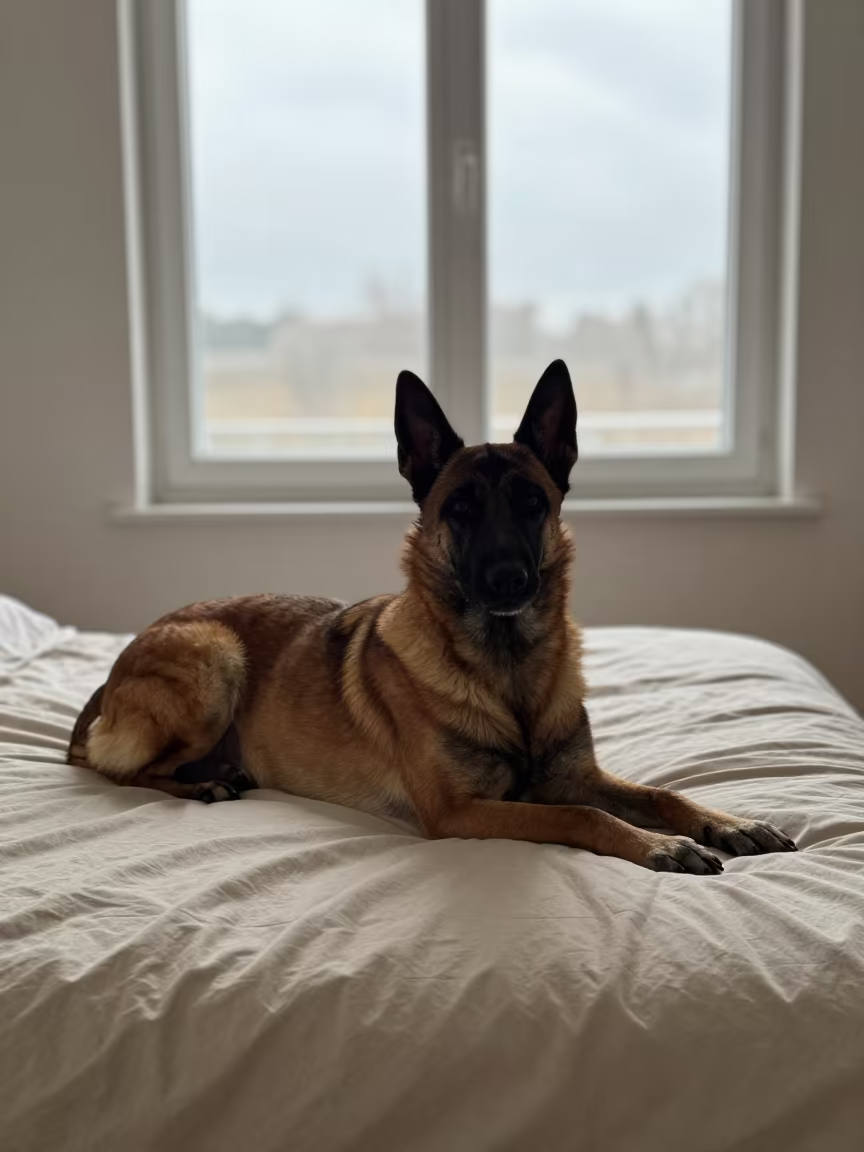 Belgian Malinois Dog Resting on Bedspread in on a bedspread near a bright window with calm indoor light in El Rosario de Soapire