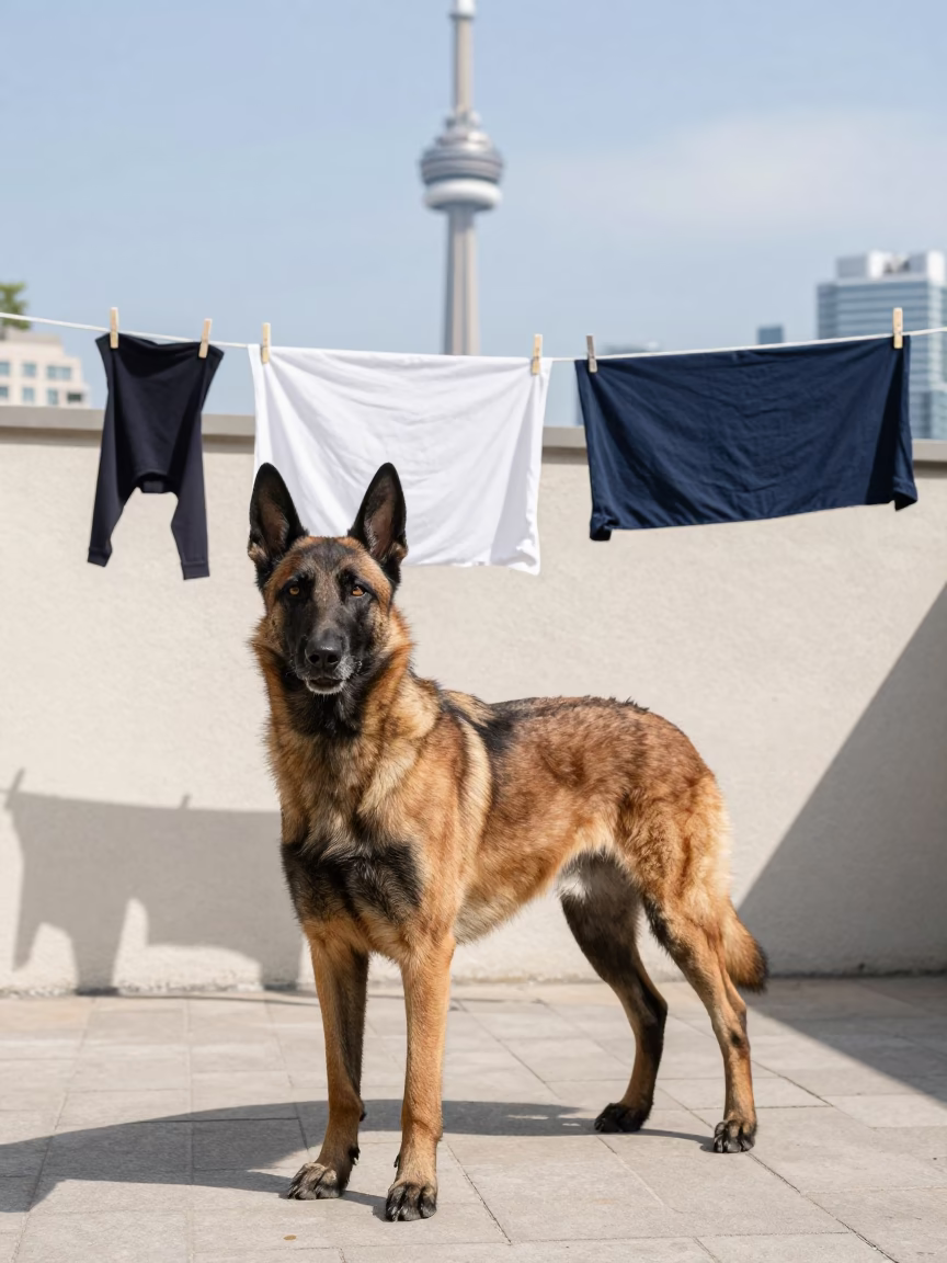 Belgian Malinois in Queen West Courtyard in beside a plain courtyard wall in clear daylight with the animal at eye level near Queen West, Toronto