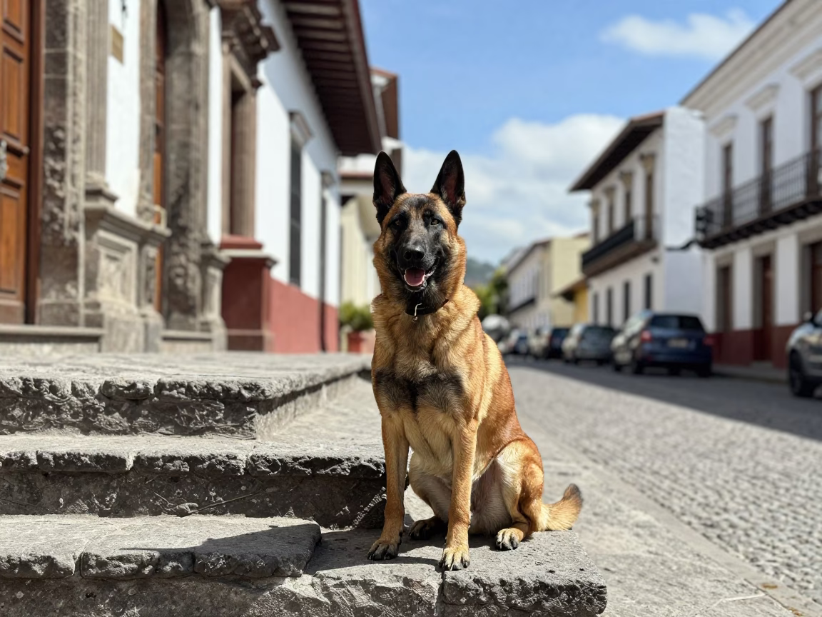 Belgian Malinois in Quito at Bright Midmorning Light in in Quito, Ecuador