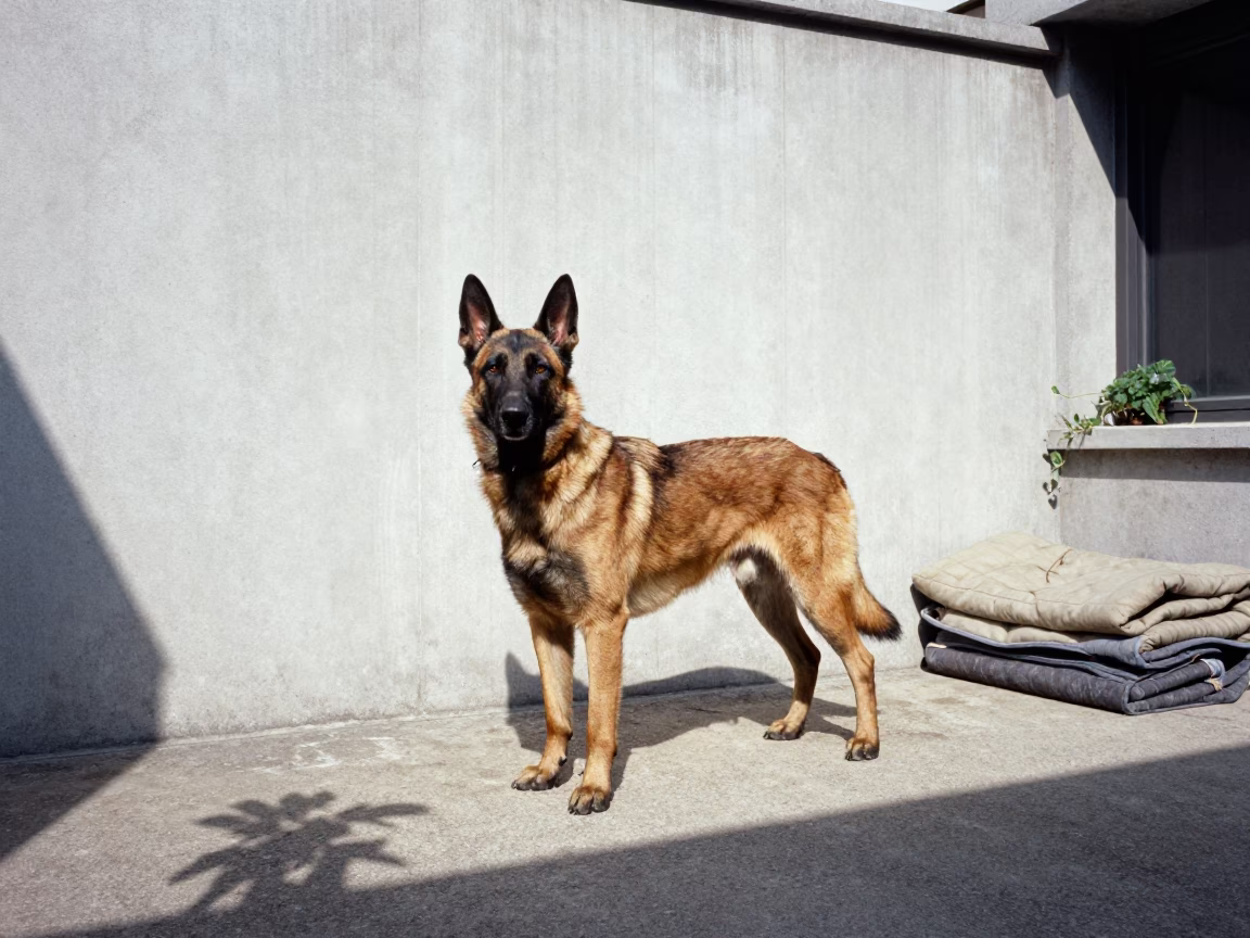Belgian Malinois in Ulsan Courtyard in beside a plain courtyard wall in clear daylight with the animal at eye level in Ulsan