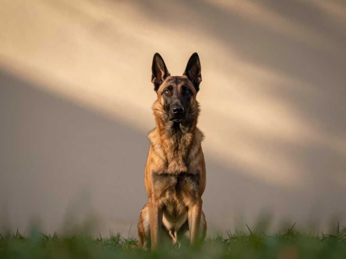 Belgian Malinois Portrait Amber Light in beside a plain plaster wall in soft indoor light with the animal centered in frame in Acarigua