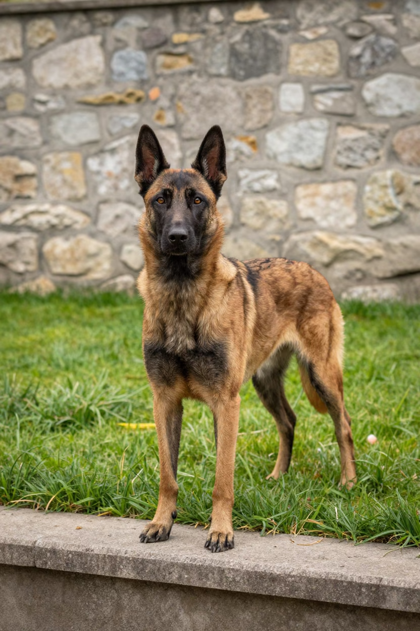 Belgian Malinois Portrait in Aleppo Yard in in a small yard with clipped grass, calm light, and the animal centered in frame in Aleppo