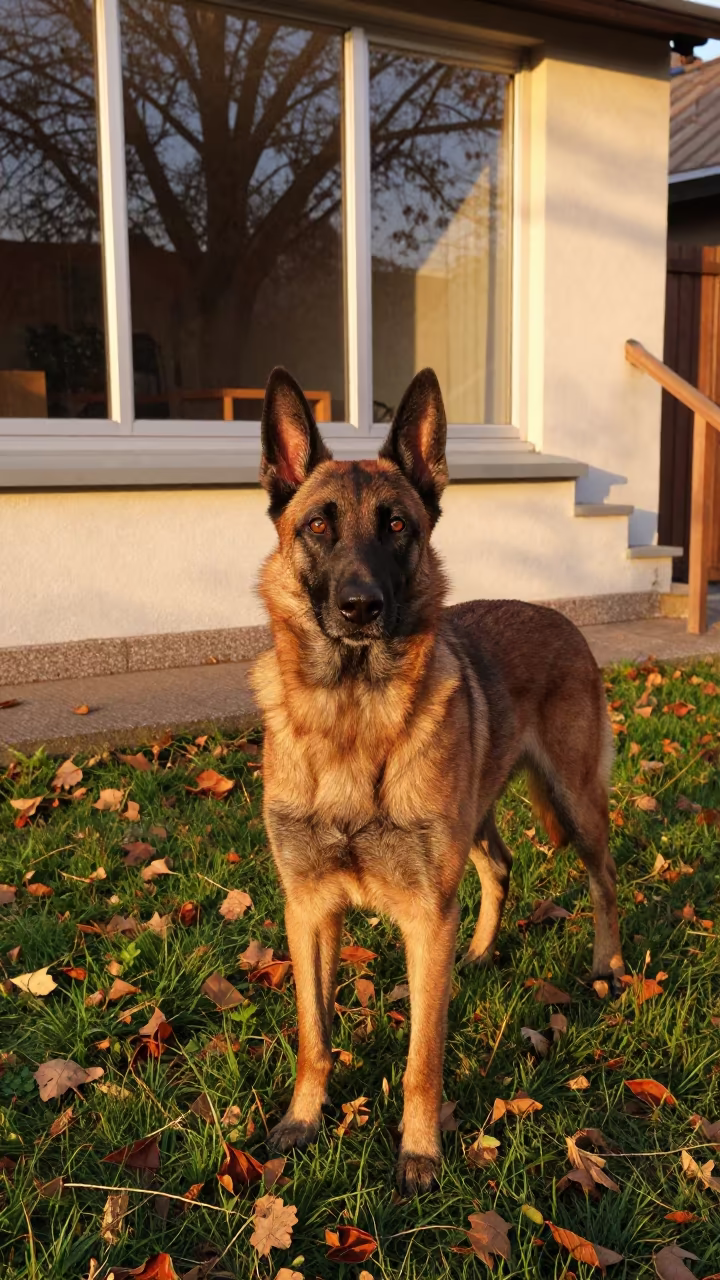 Belgian Malinois Portrait in Apeldoorn Yard in in a small yard with clipped grass, calm light, and the animal centered in frame in Apeldoorn