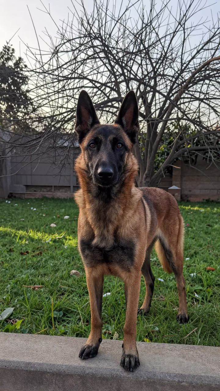 Belgian Malinois Portrait in Early Winter Garden Light in near a garden edge with soft morning light and an uncluttered background in Muzaffarpur