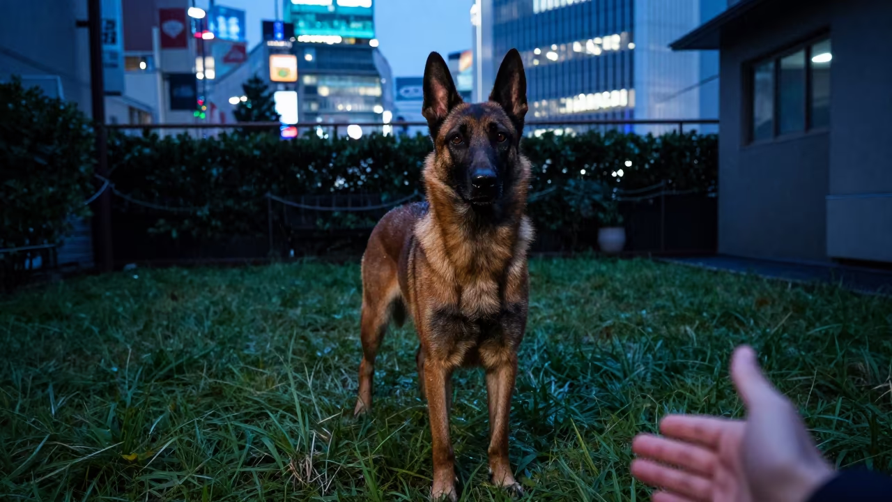 Belgian Malinois Portrait in Ginza Twilight in in a small yard with clipped grass, calm light, and the animal centered in frame in Ginza, Tokyo