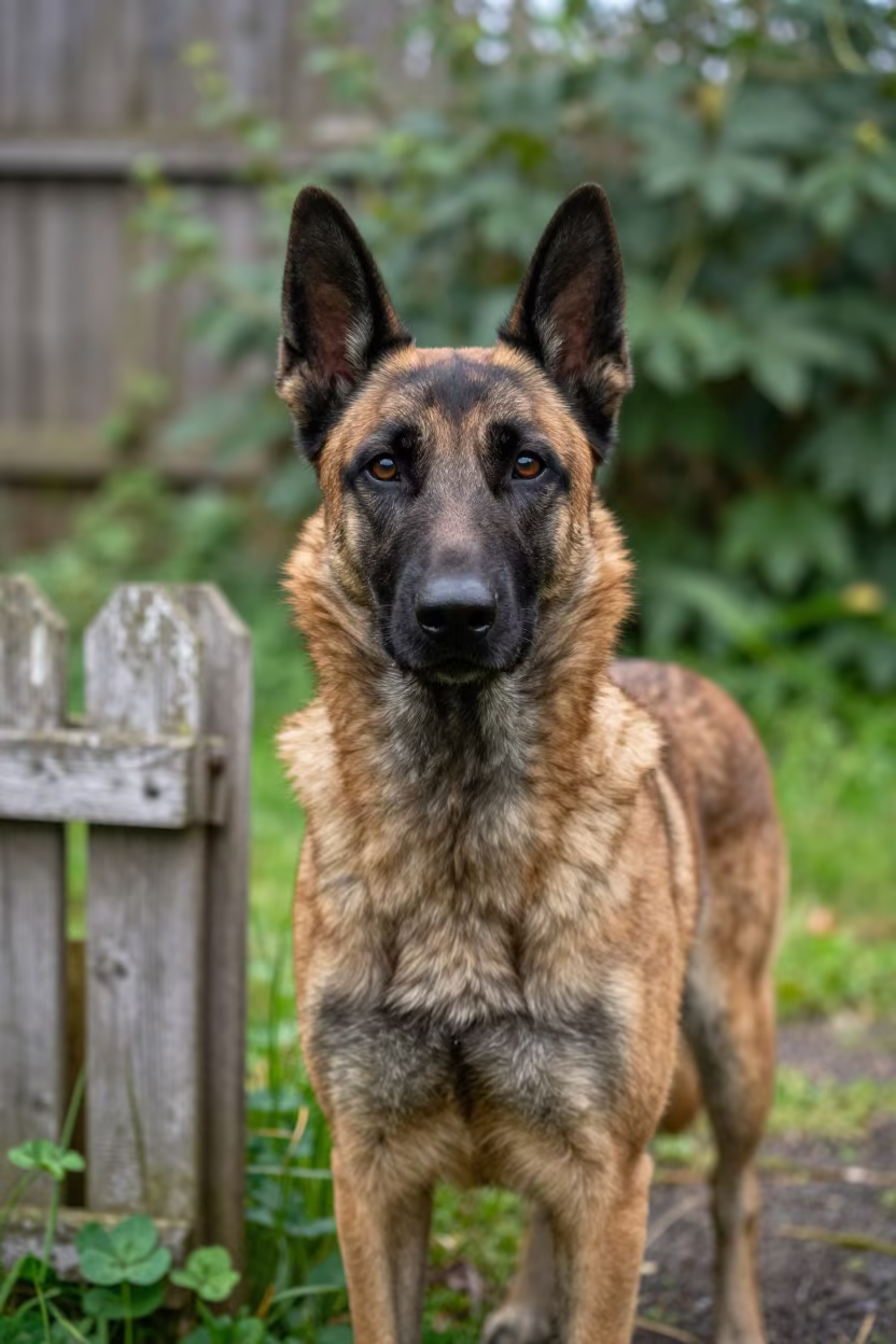 Belgian Malinois Portrait in Late Spring Garden in near a garden edge with soft morning light and an uncluttered background in Opole