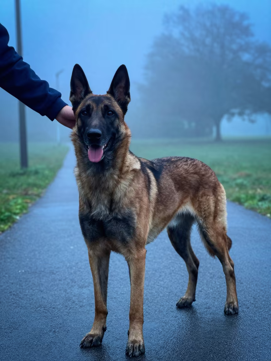 Belgian Malinois Portrait in Misty Park Twilight in along a quiet park path with soft open shade and a clean background near Rize