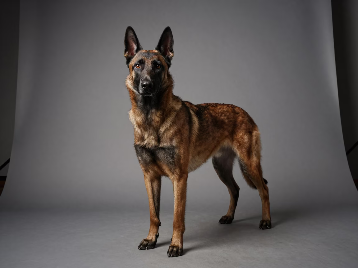 Belgian Malinois Portrait in Puebla Studio in in a quiet portrait studio with a plain backdrop and eye-level framing in Puebla
