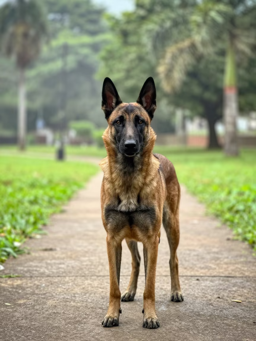 Belgian Malinois Portrait on Lubumbashi Park Path in along a quiet park path with soft open shade and a clean background in Lubumbashi