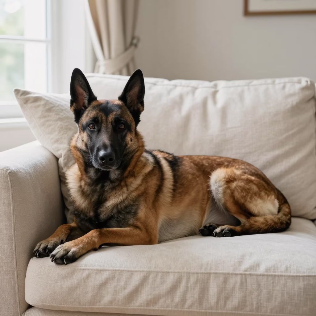Belgian Malinois Resting on Linen Sofa in Kano Home in on a linen sofa with daylight from a nearby window in Kano