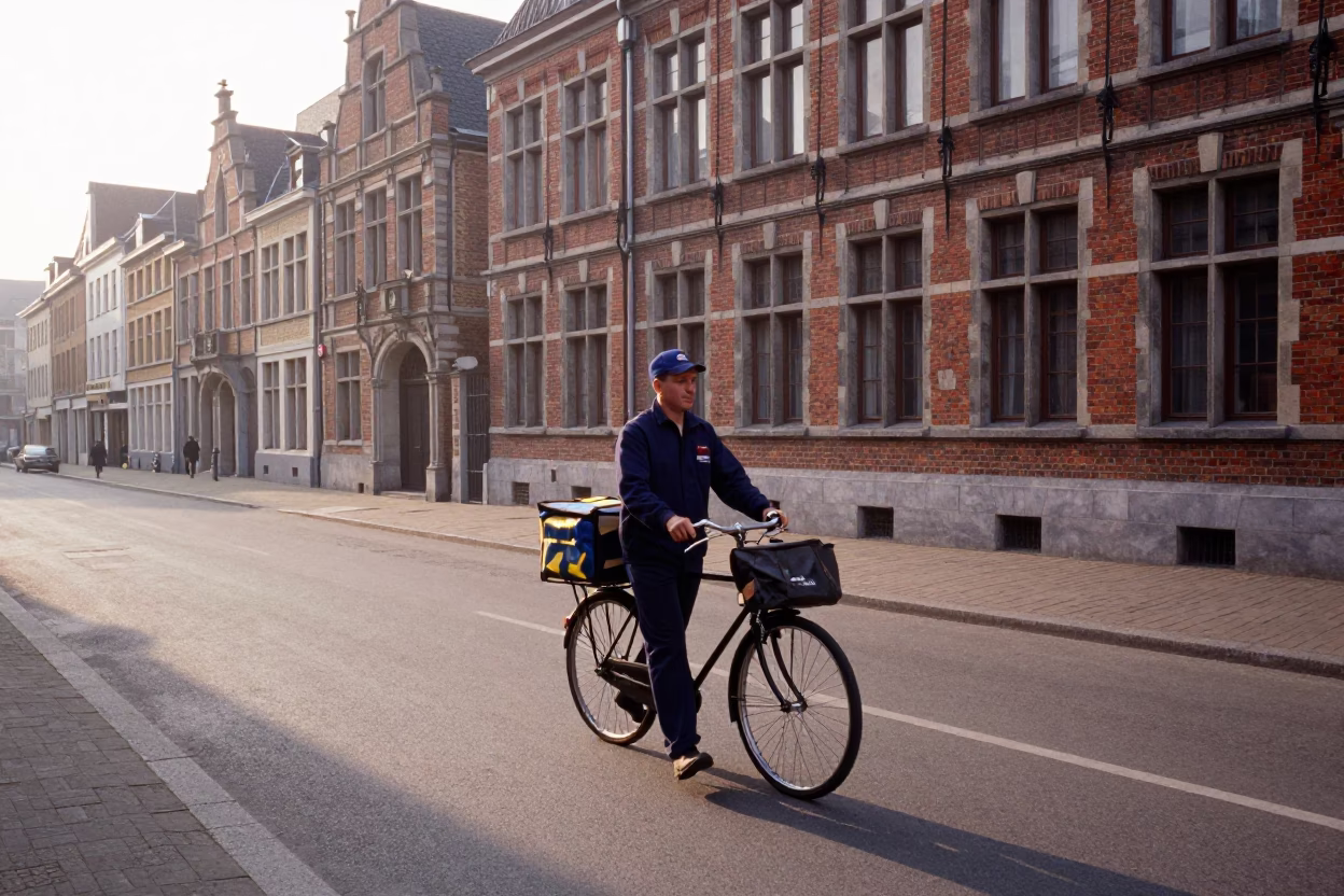 Belgian Postman Delivering Mail in Brussels Early Morning Sunlight in in Brussels, Belgium