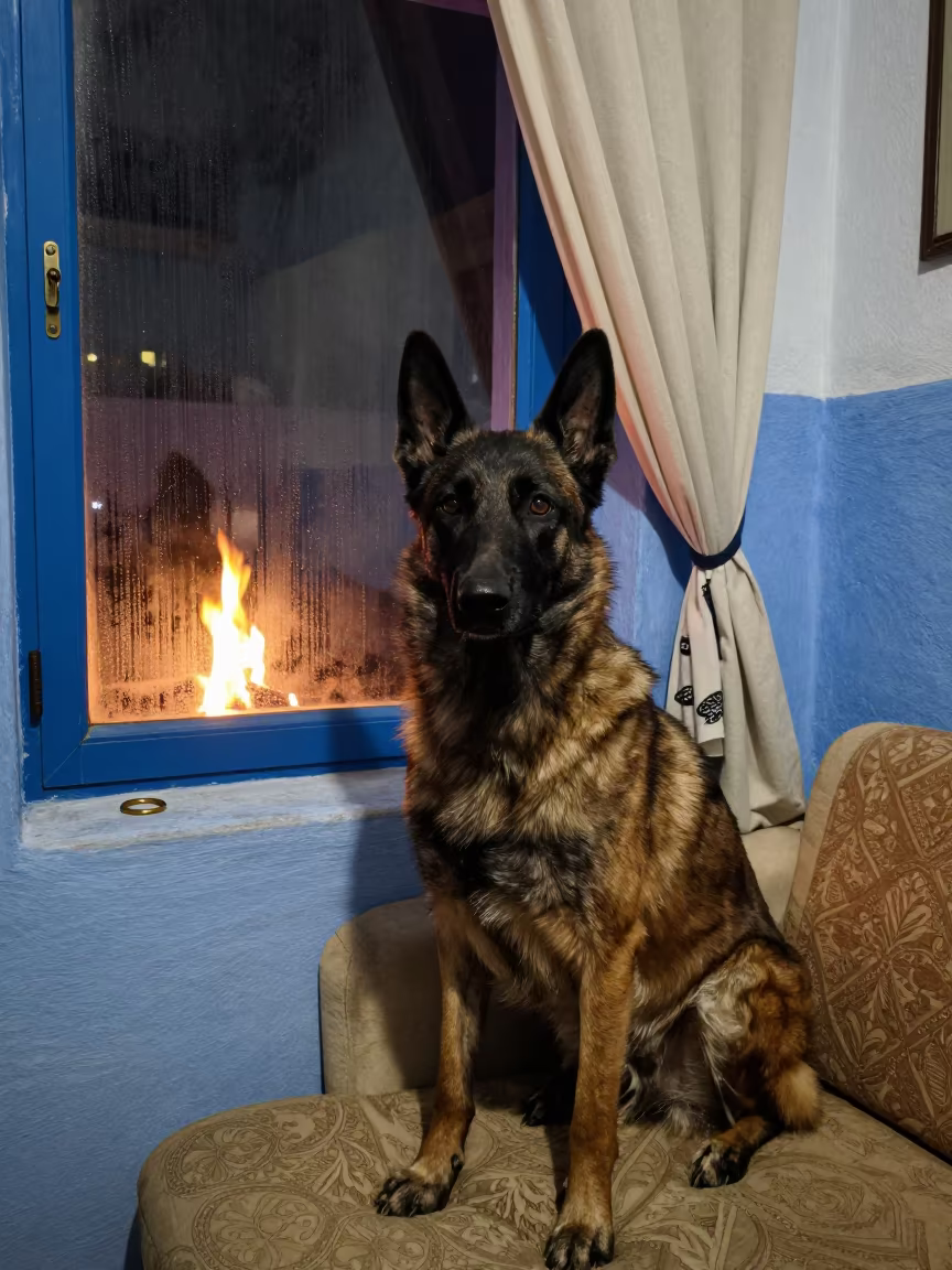 Belgian Sheepdog Night Portrait Firelight Sofa in on a sofa near a curtained window with calm indoor light in Chefchaouen