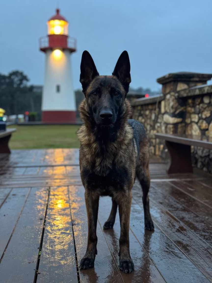 Belgian Sheepdog on Shaded Kigali Porch in on a shaded front porch with boards, railings, and eye-level framing near Kigali
