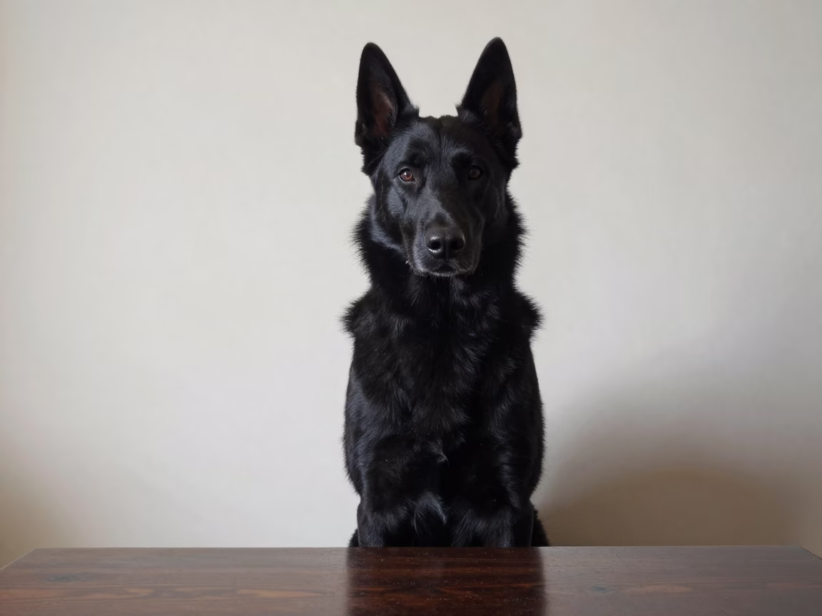 Belgian Sheepdog Portrait Beside Plaster Wall in beside a plain plaster wall in soft indoor light with the animal centered in frame near Beijing