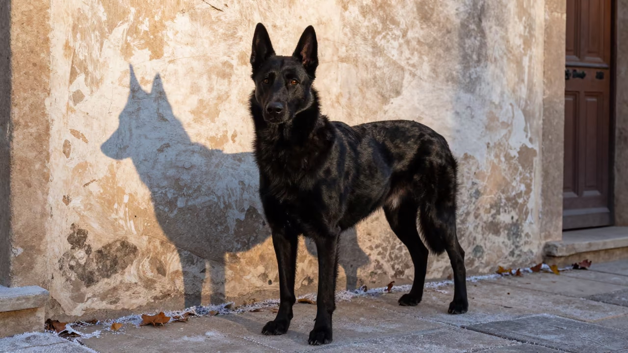 Belgian Sheepdog Portrait in Algiers Courtyard in beside a plain courtyard wall in clear daylight with the animal at eye level in Algiers