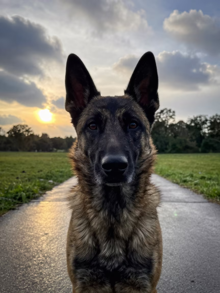 Belgian Sheepdog Portrait in Guarenas Park Shade in along a quiet park path with soft open shade and a clean background in Guarenas