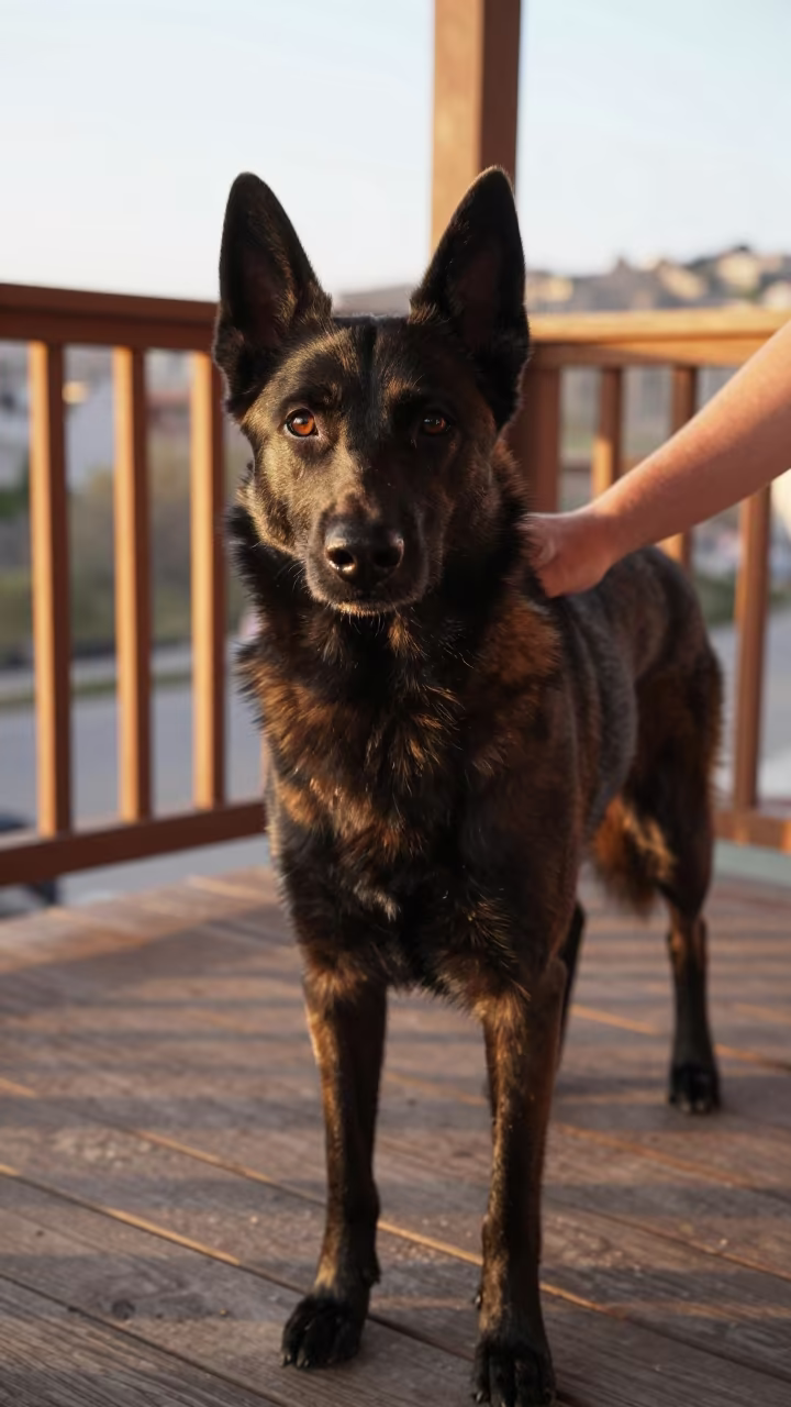 Belgian Sheepdog Portrait on Ankara Porch in on a shaded front porch with boards, railings, and eye-level framing in Ankara