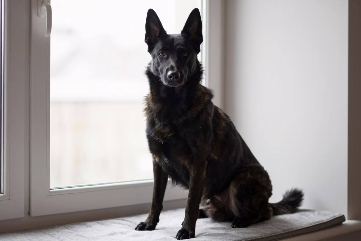 Belgian Sheepdog Portrait on Juneau Window Seat in on a cushioned window seat with soft side light and an uncluttered background near Juneau