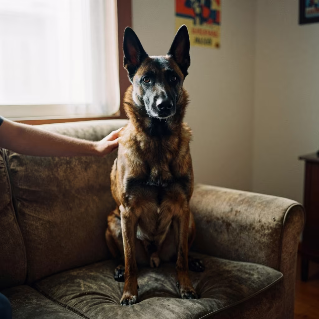 Belgian Sheepdog Portrait on Sofa Near Window in on a sofa near a curtained window with calm indoor light in Zacatecas