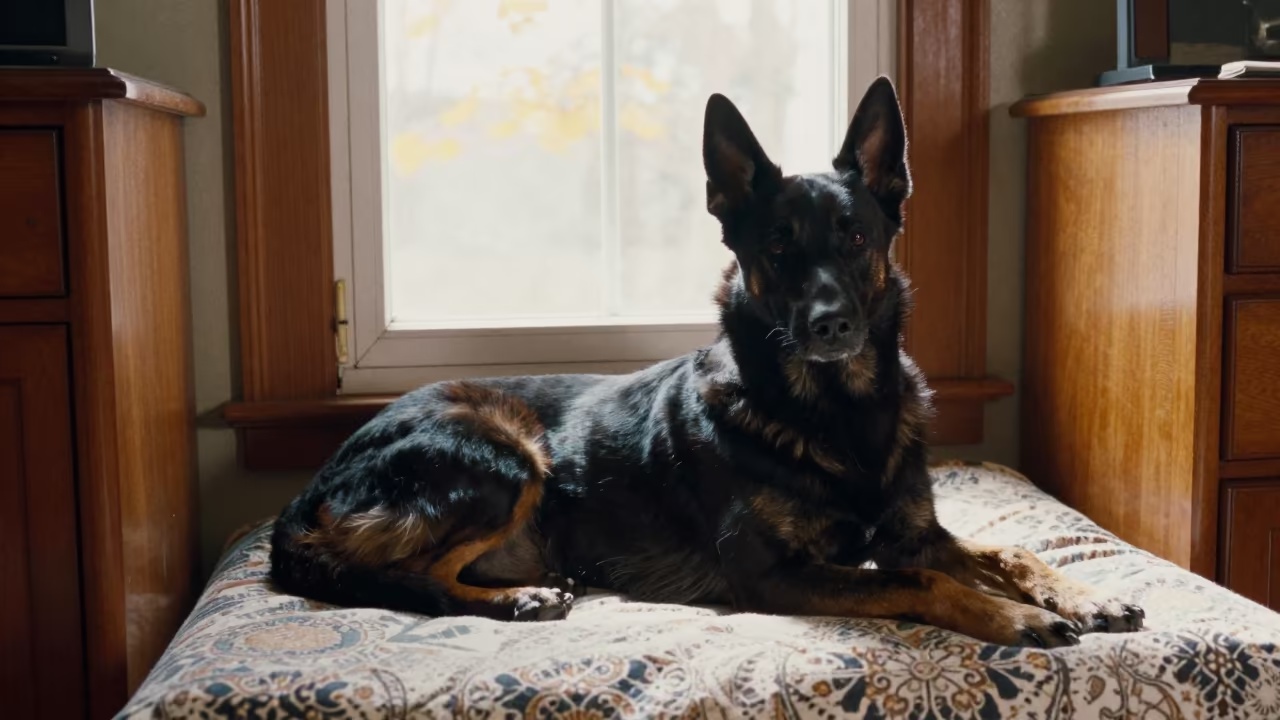 Belgian Sheepdog Resting on Bedspread in Morning Light in on a bedspread near a bright window with calm indoor light near Gurgaon