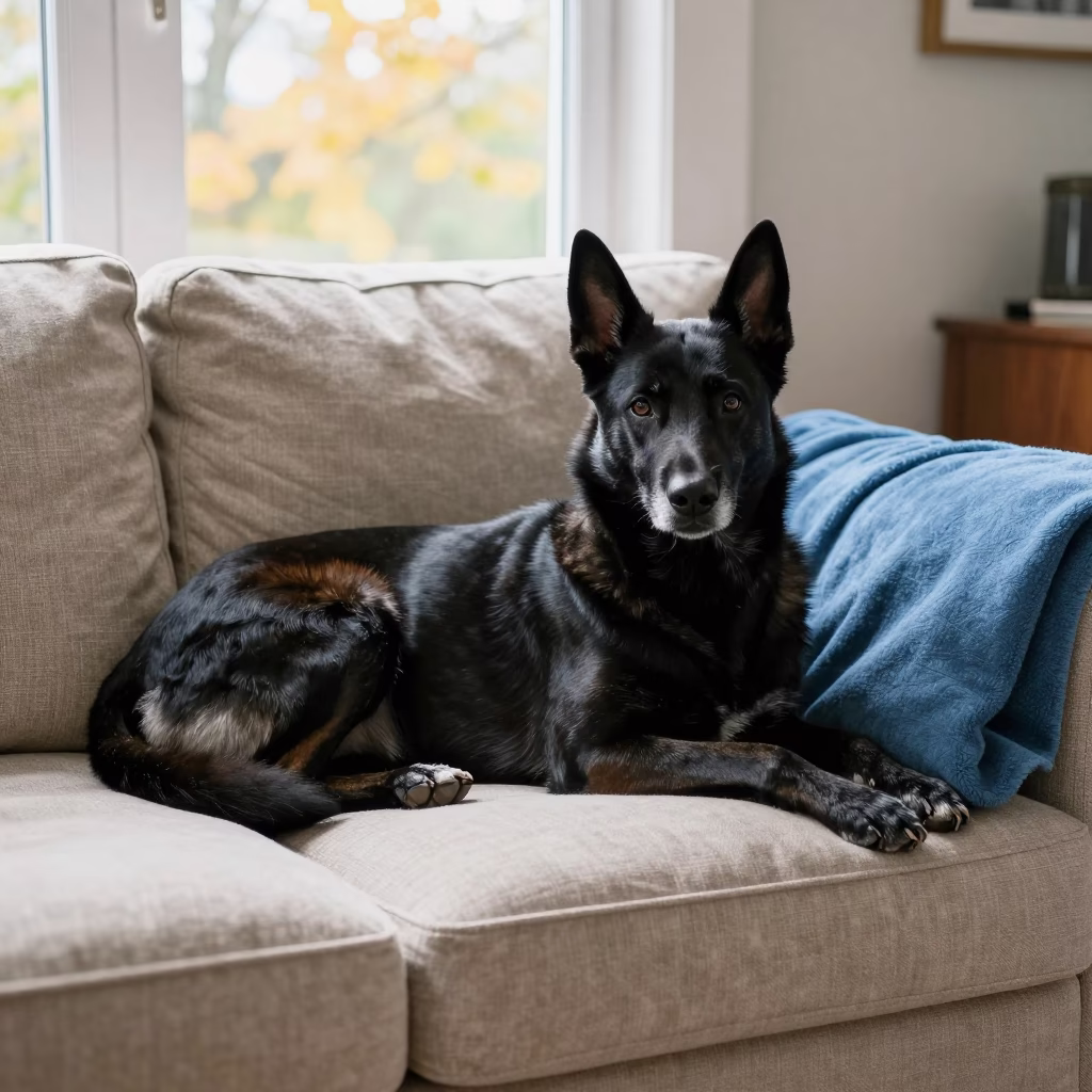 Belgian Sheepdog Resting on Linen Sofa in on a linen sofa with daylight from a nearby window in Tarsus