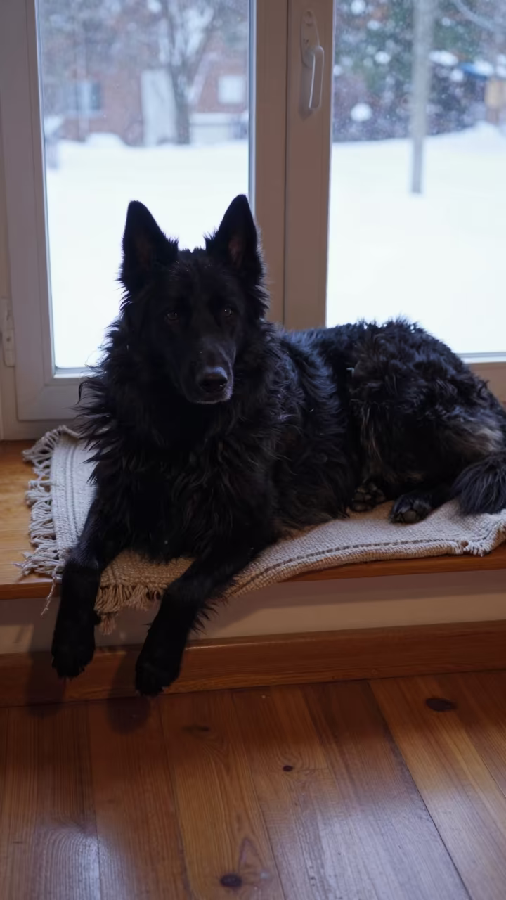 Belgian Sheepdog Resting on Window Seat in on a window seat in a quiet apartment with soft side light near Santiago