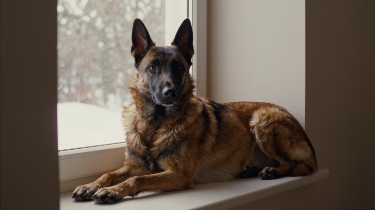 Belgian Sheepdog Resting on Winter Window Seat in on a window seat in a quiet apartment with soft side light near Shymkent