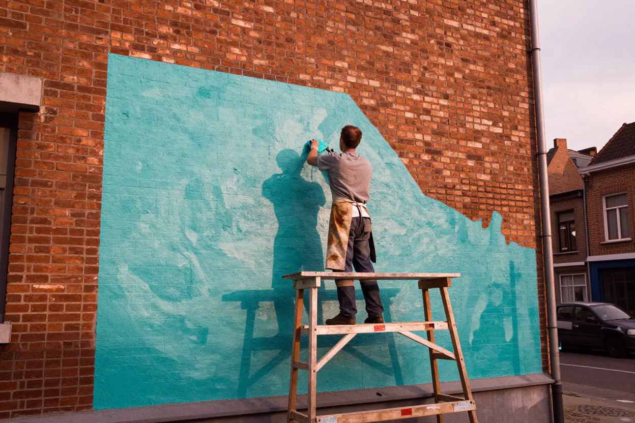 Belgian street mural artist painting brick wall in Brussels copper-toned dusk light in in Brussels, Belgium