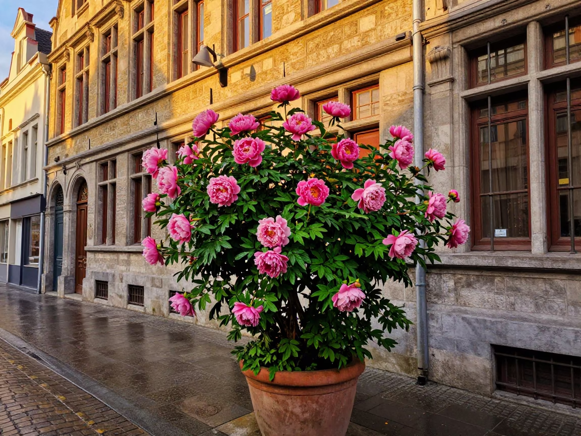 Belgian street scene with peony bush and potted succulents in honeyed evening light in in Brussels, Belgium