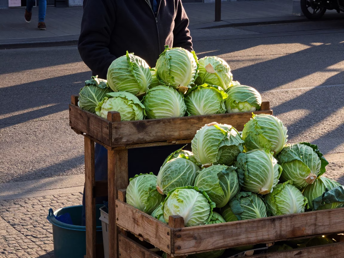 Belgian street vendor selling fresh cabbages in Brussels during early evening twilight in in Brussels, Belgium