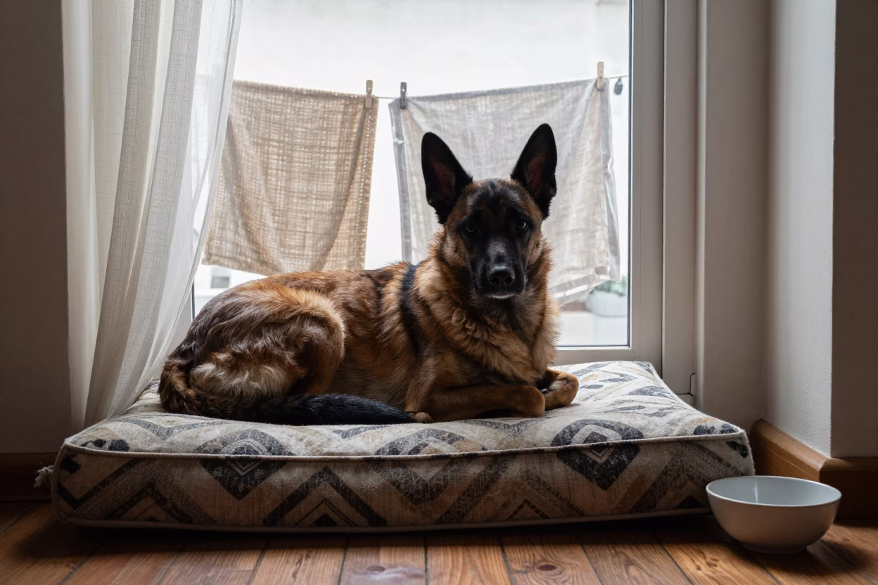Belgian Tervuren on Manila Window Seat in on a window seat in a quiet apartment with soft side light in Manila