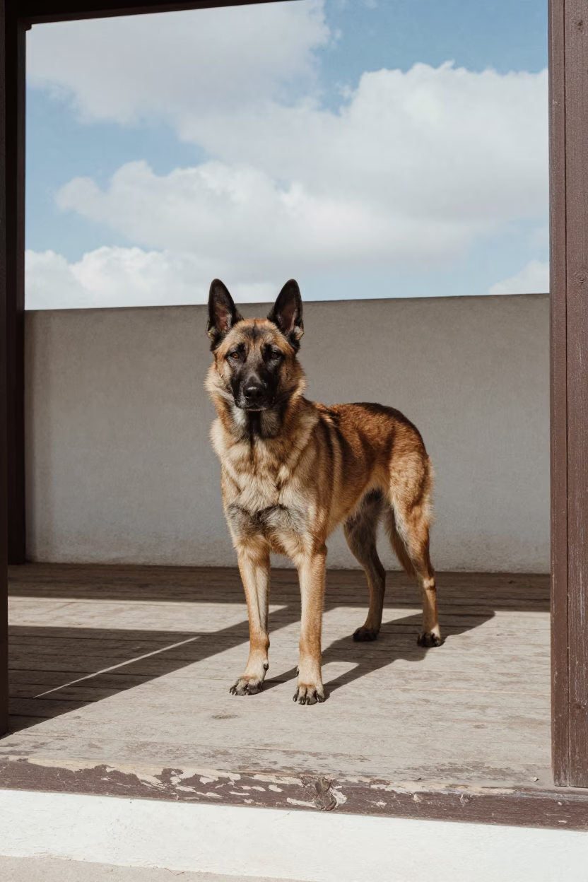 Belgian Tervuren on Shaded Porch in Al-Safira in beside a plain courtyard wall in clear daylight with the animal at eye level in Al-Safira