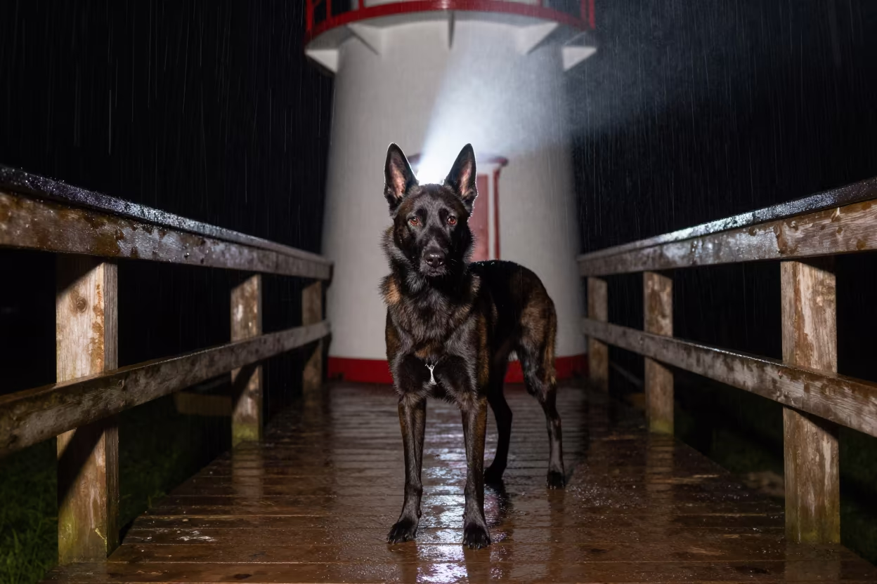 Belgian Tervuren on Vitarte Porch in Night Light in on a shaded front porch with boards, railings, and eye-level framing in Vitarte