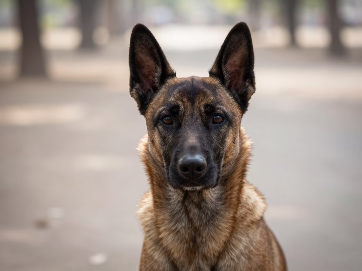 Belgian Tervuren Portrait on Ajmer Park Path in along a quiet park path with soft open shade and a clean background in Ajmer