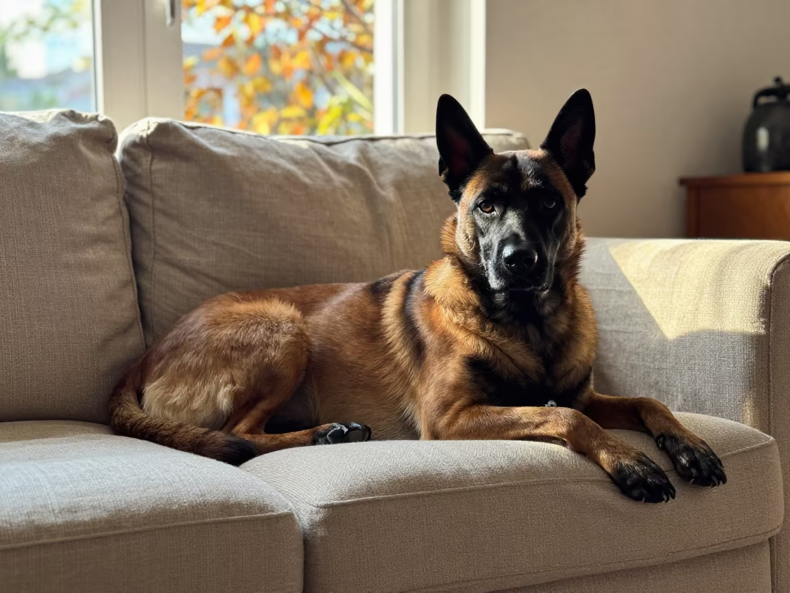 Belgian Tervuren Resting on Linen Sofa in Antalya in on a linen sofa with daylight from a nearby window in Antalya