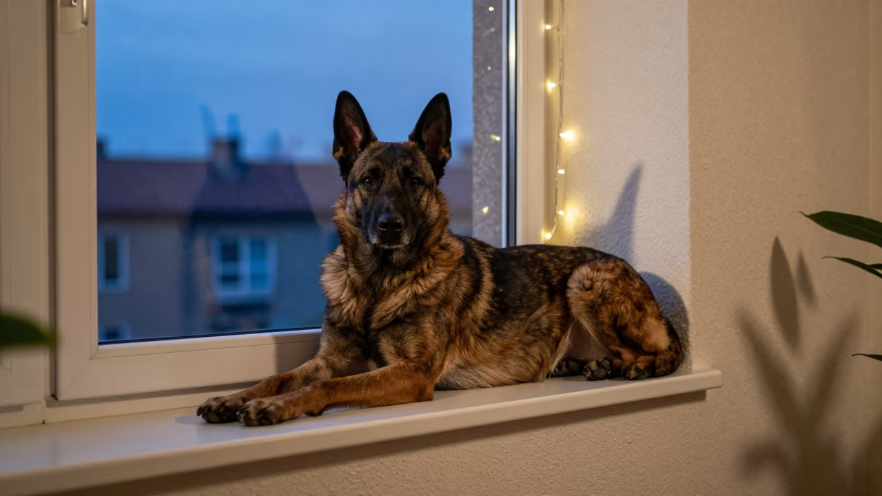 Belgian Tervuren Resting on Window Seat at Blue Hour in on a window seat in a quiet apartment with soft side light near Manaus