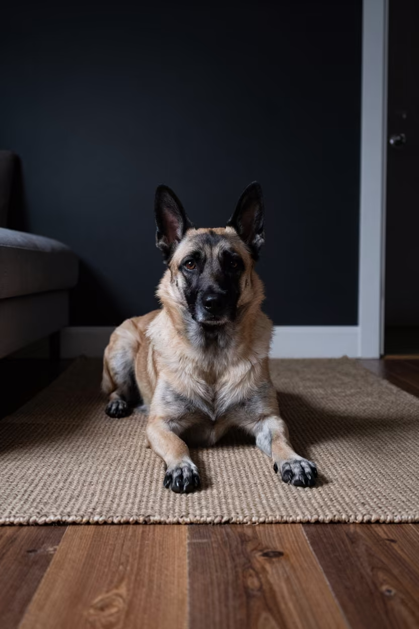 Belgian Tervuren Resting on Woven Rug in on a woven rug beside a low couch and an uncluttered wall near Guilin