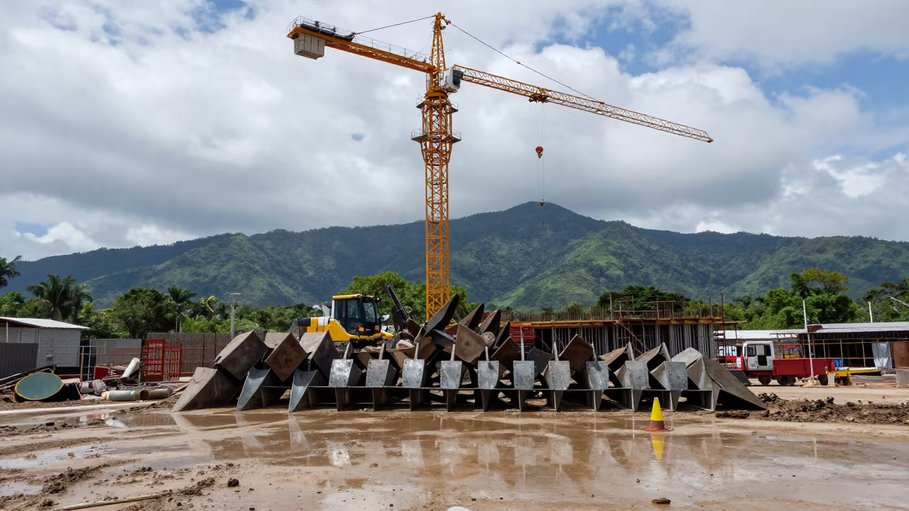Belize Pile Driver Under Crane Midday in beneath a tower crane on open ground in Belize