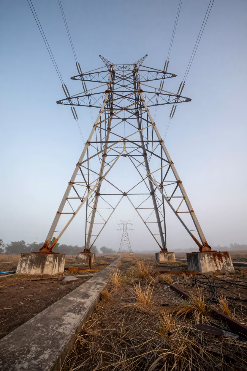 Belize Transmission Corridor Dawn Fog in beneath transmission towers in Belize