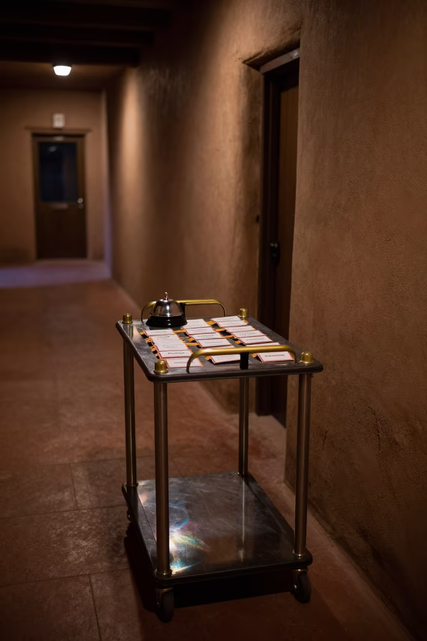 Bell Desk with Luggage Straps in Santa Fe Corridor in in a quiet guest corridor in Santa Fe