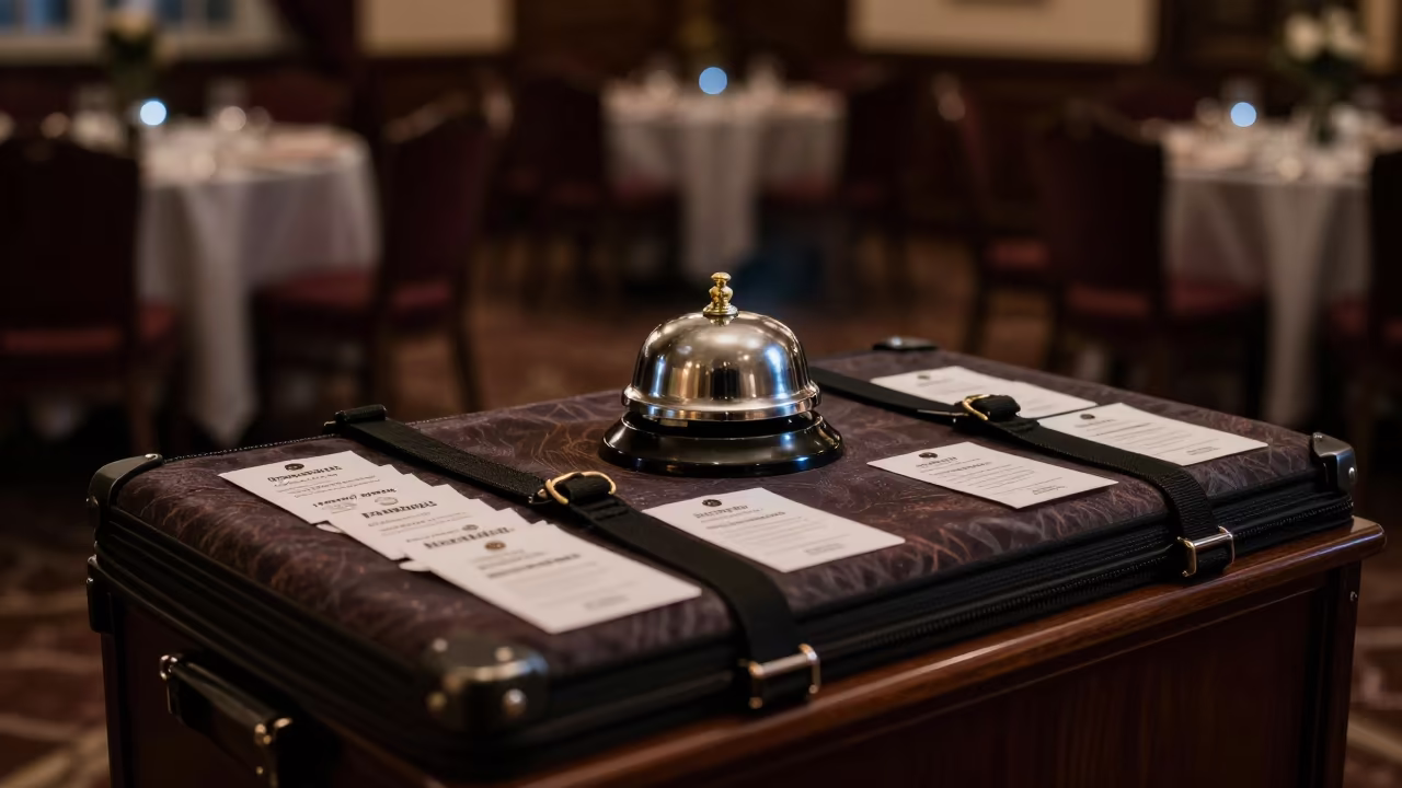 Bell Desk With Straps and Tags in Vilnius Hall in inside a banquet hall before service in Vilnius