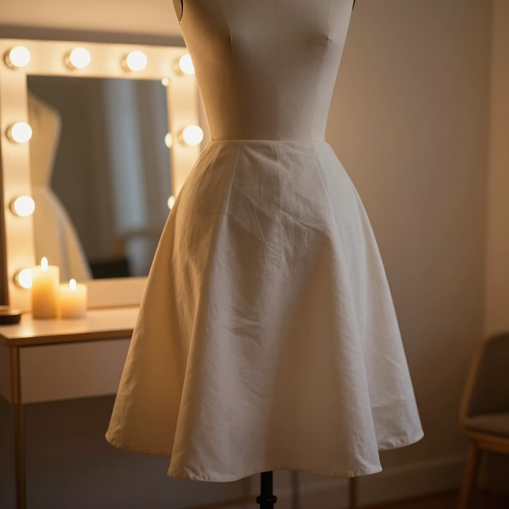 Bell Shaped Couture Overskirt on Dress Form in beside a mirror lined with makeup bulbs in Mississauga
