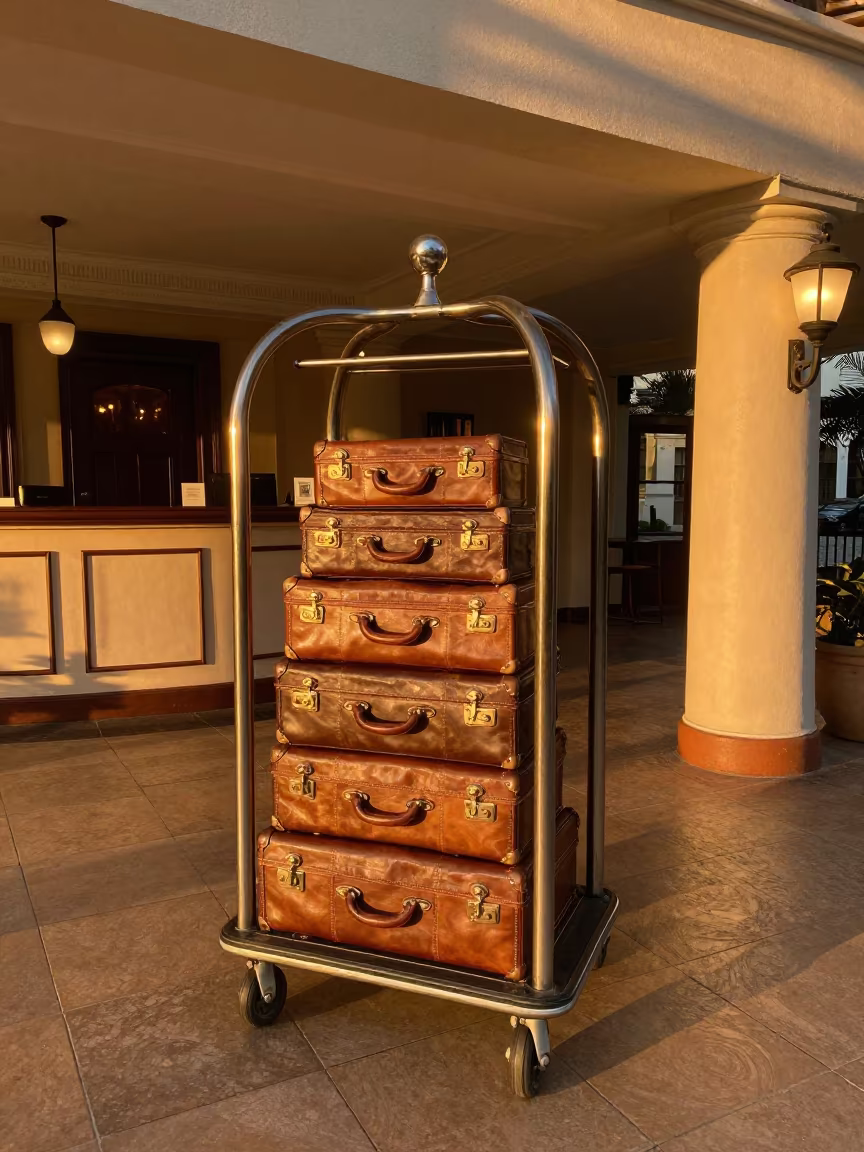 Bellhop Trolley Leather Suitcases Charleston Entry in at a reception desk under warm light in Charleston