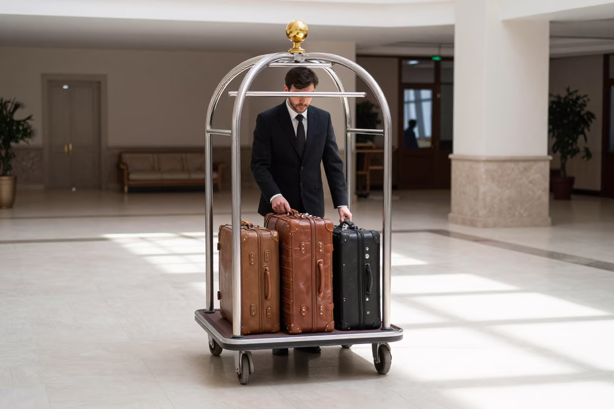 Bellhop Trolley with Suitcases in Kazan Hotel Lobby in inside a hotel lobby near Kazan