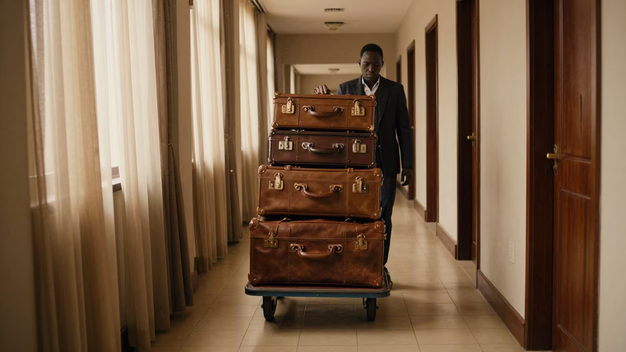 Bellhop Trolley Suitcases Tiled Corridor Karura Forest Nairobi in in a quiet guest corridor in Karura Forest, Nairobi