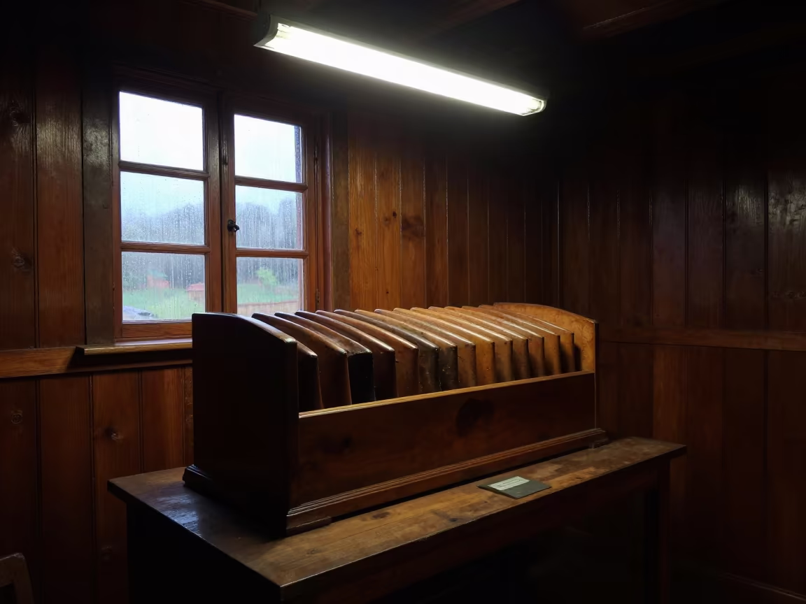 Bellows on Museum Plinth in Predawn Room in on a museum plinth in Cochabamba