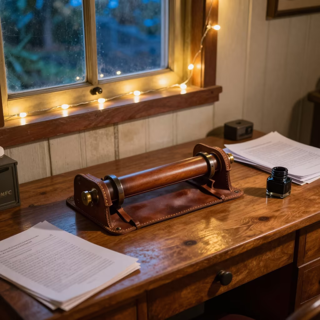 Bellows on Desk Under Lamp Light in on a writing desk in Kandy