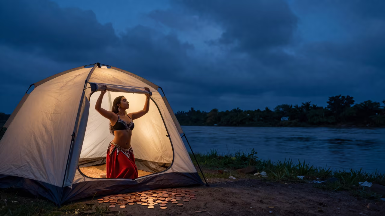 Belly Dancer in Cairo Tent at Huacho Riverside in near a riverside landing in Huacho