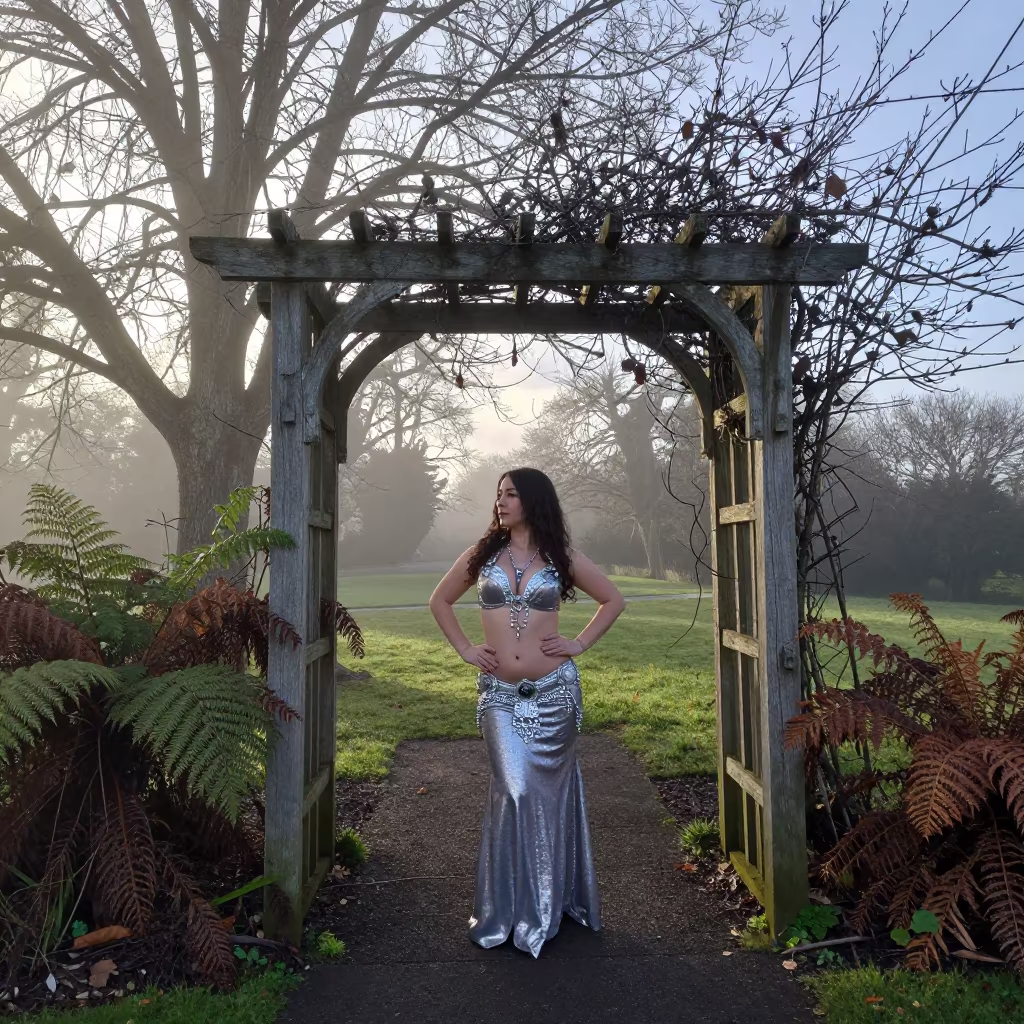 Belly Dancer in Misty Christchurch Garden in near Christchurch